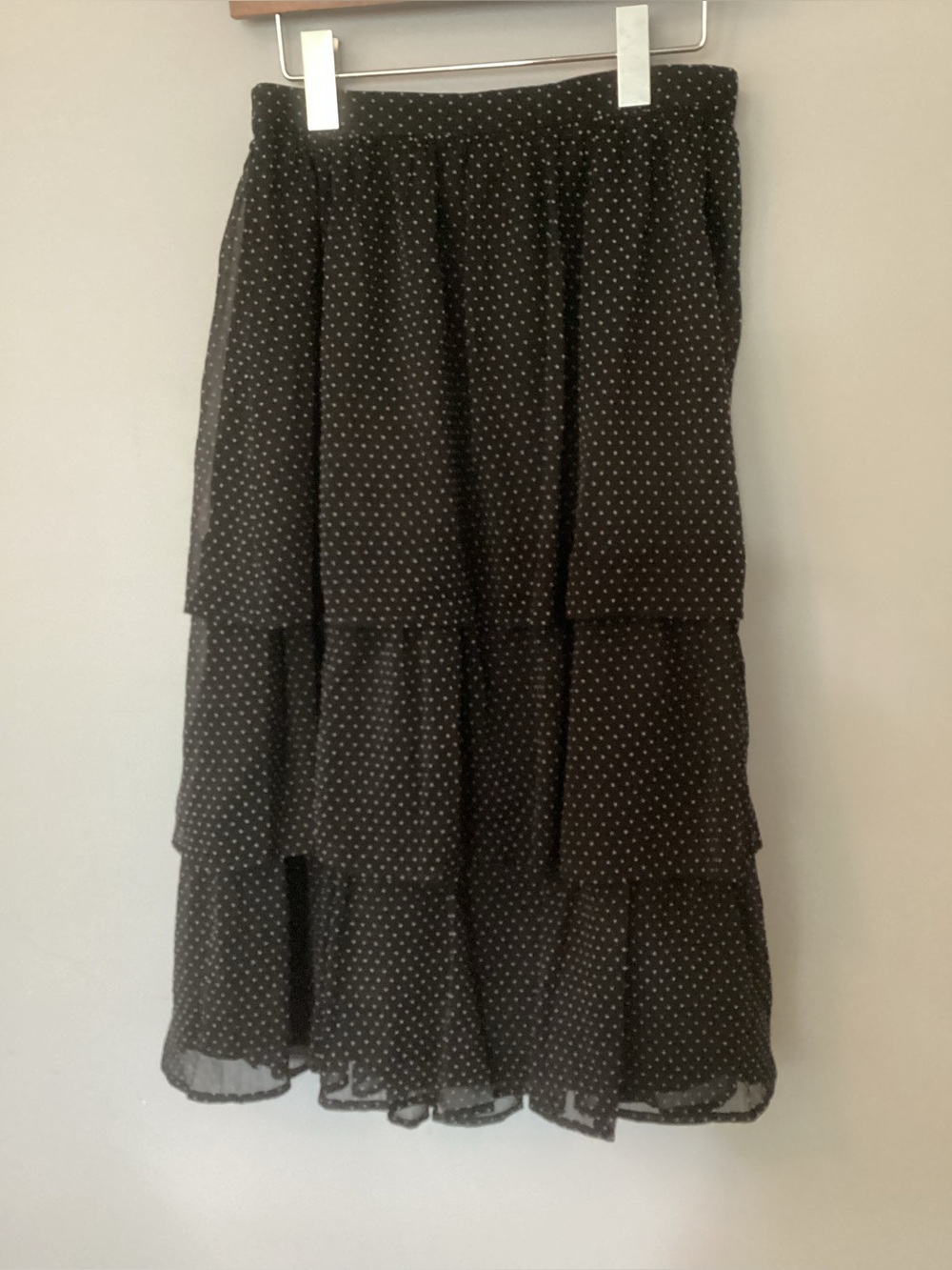 J. Crew Factory Black Tiered Midi Skirt with White Polka Dots